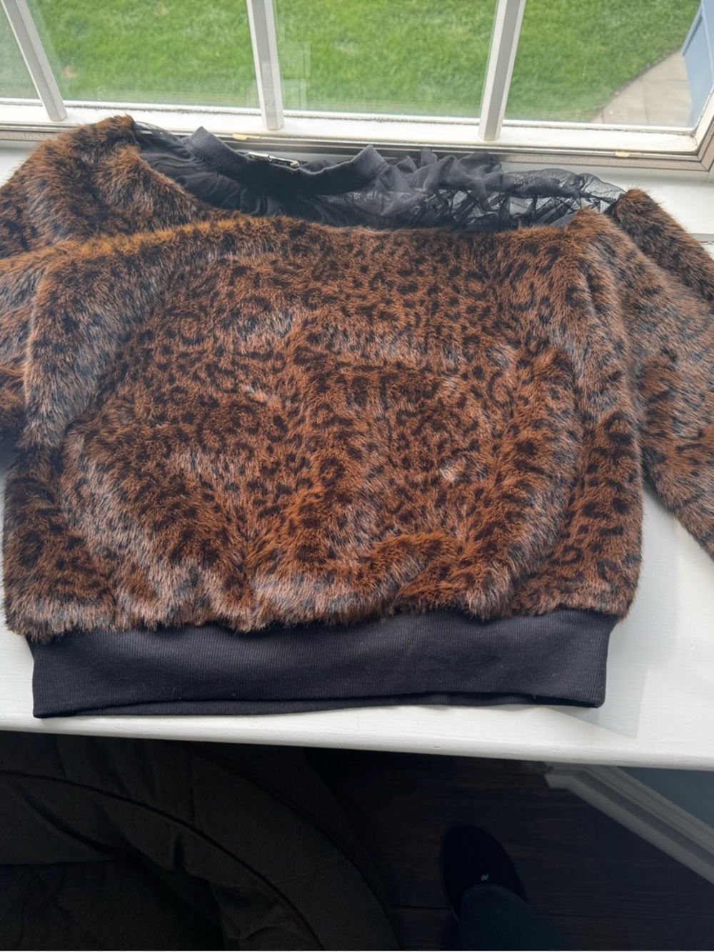 BRAND NEW, NEVERMaeve Faux Fur Leopard-Print Crewneck Sweater in Brown and Black